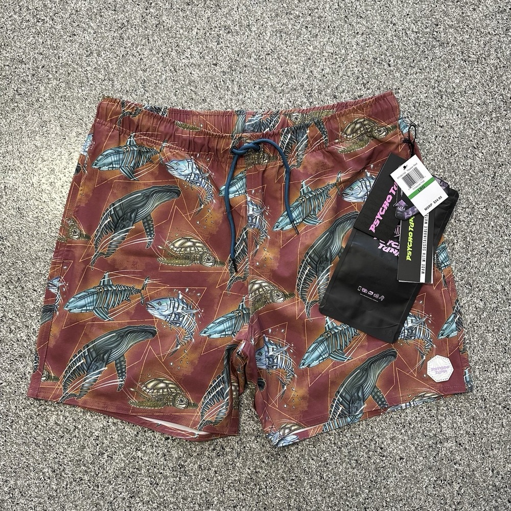 Psycho Tuna Boardshorts Mens L Swim Shorts Trunks Fish Print Red Stretch